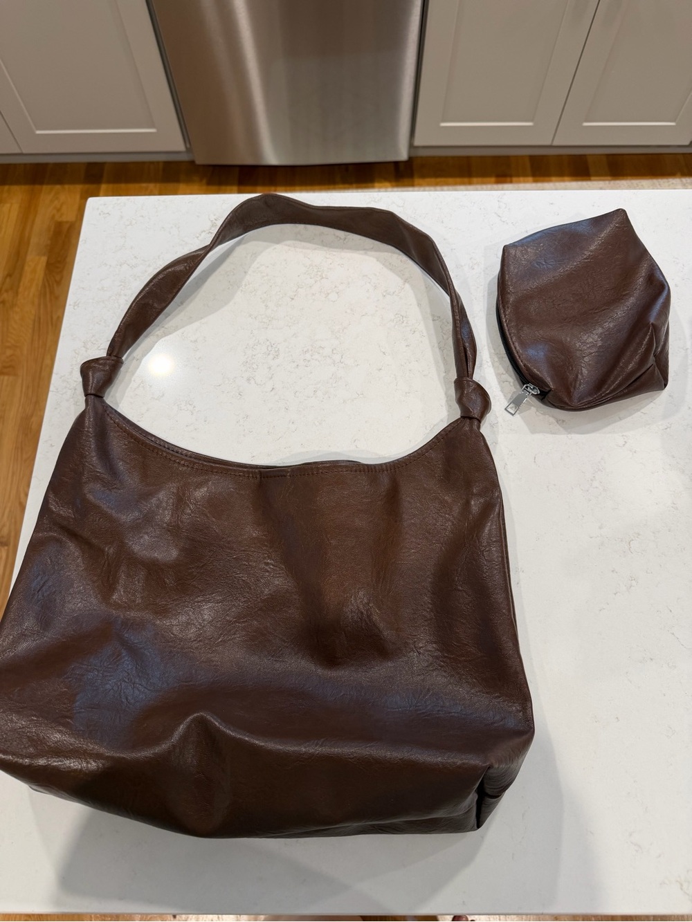 Faux Brown Leather Shoulder Bag with Coin Pouch